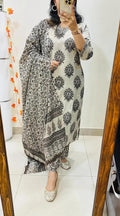 Black & Off-White Handblock Printed Straight Kurta Set with Dupatta for Women