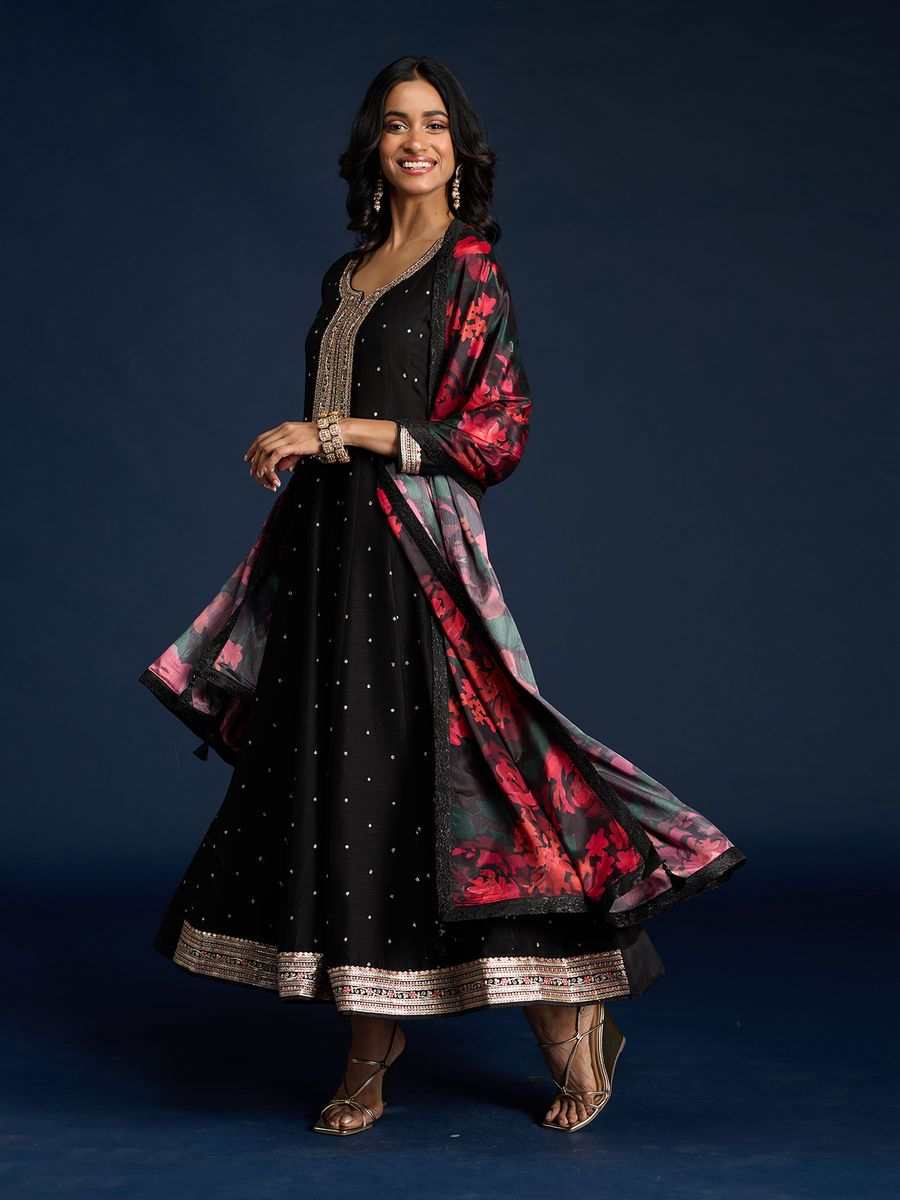 Black Embroidered Ethnic Anarkali Suit for Women with Red Floral Dupatta