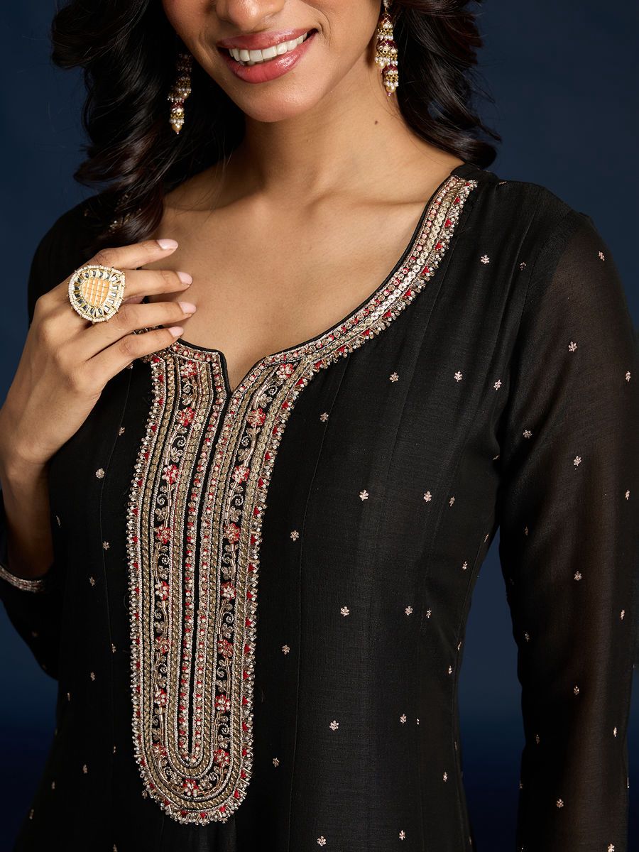 Black Embroidered Ethnic Anarkali Suit for Women with Red Floral Dupatta