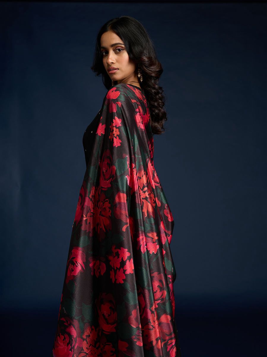 Black Embroidered Ethnic Anarkali Suit for Women with Red Floral Dupatta