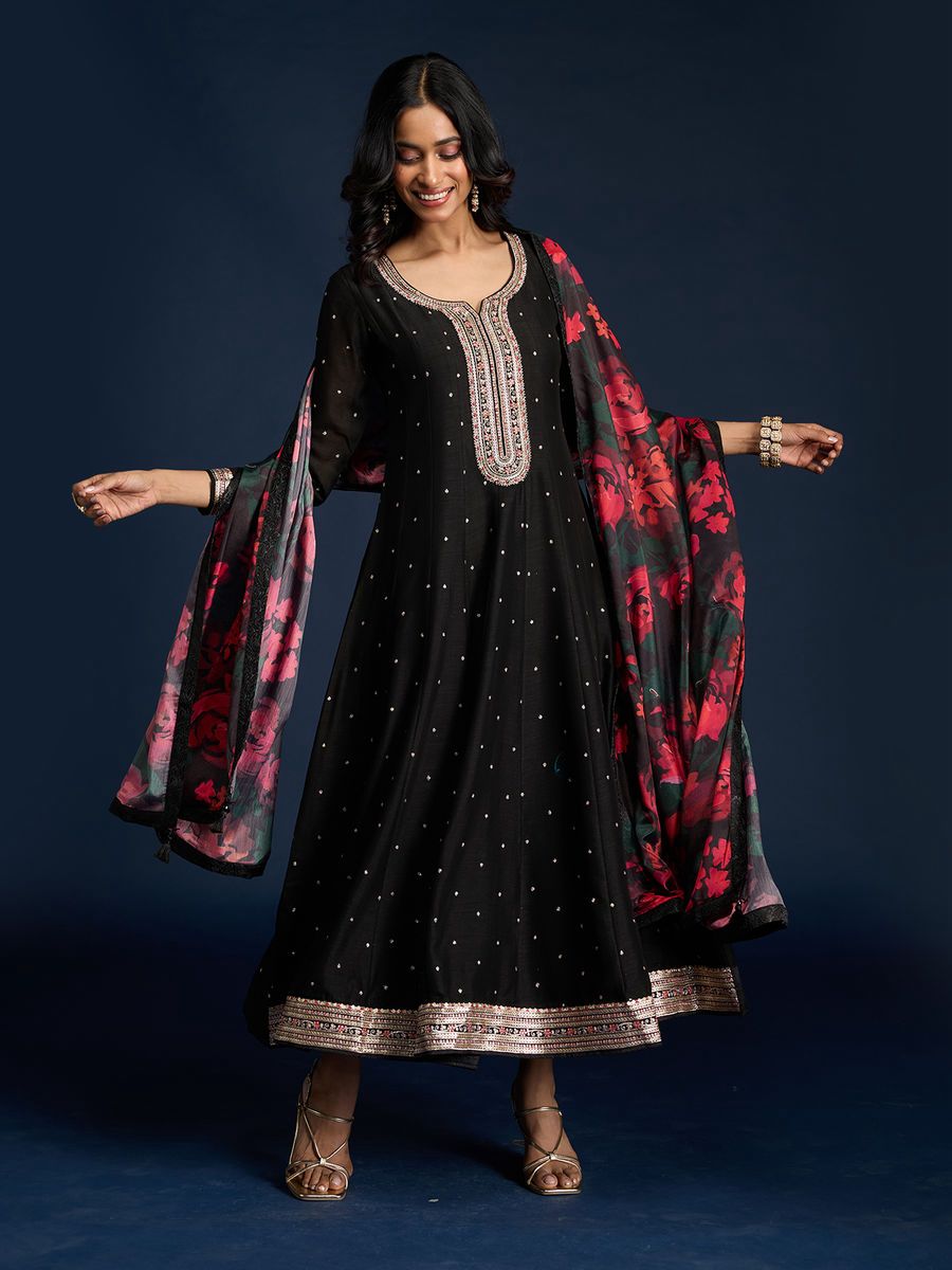 Black Embroidered Ethnic Anarkali Suit for Women with Red Floral Dupatta