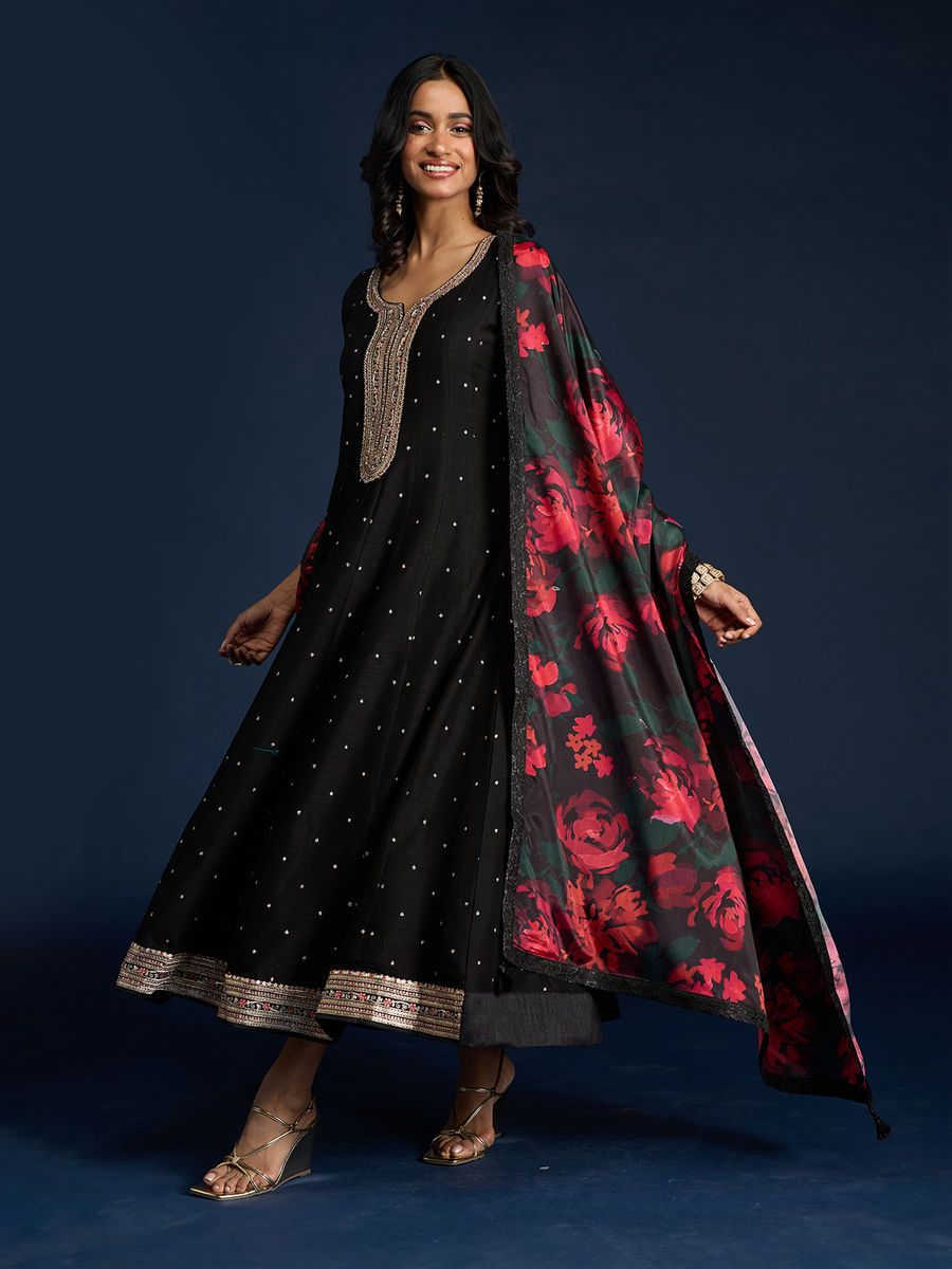 Black Embroidered Ethnic Anarkali Suit for Women with Red Floral Dupatta