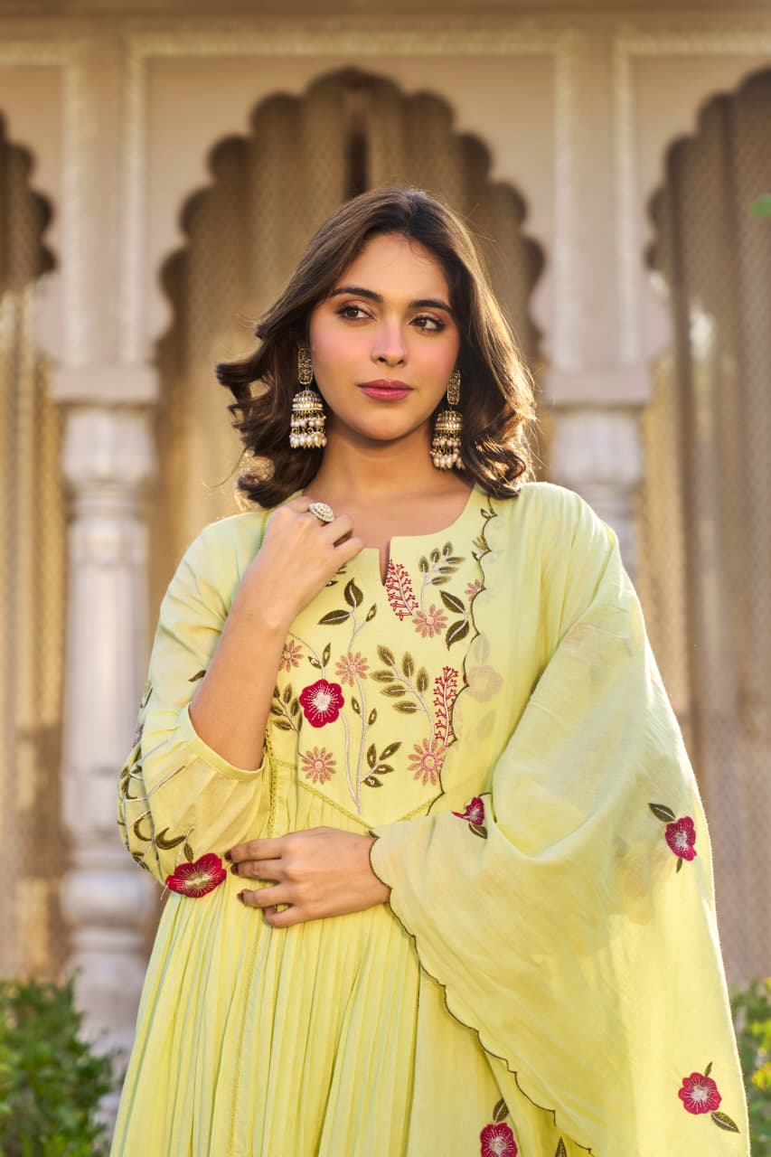 Lemon Green Embroidered Ethnic Kurta Set with Pants and Dupatta for Women