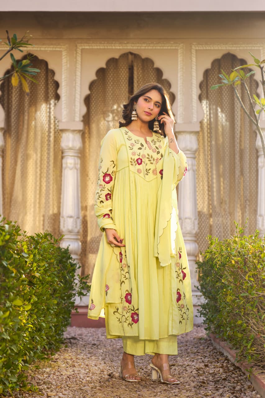 Lemon Green Embroidered Ethnic Kurta Set with Pants and Dupatta for Women