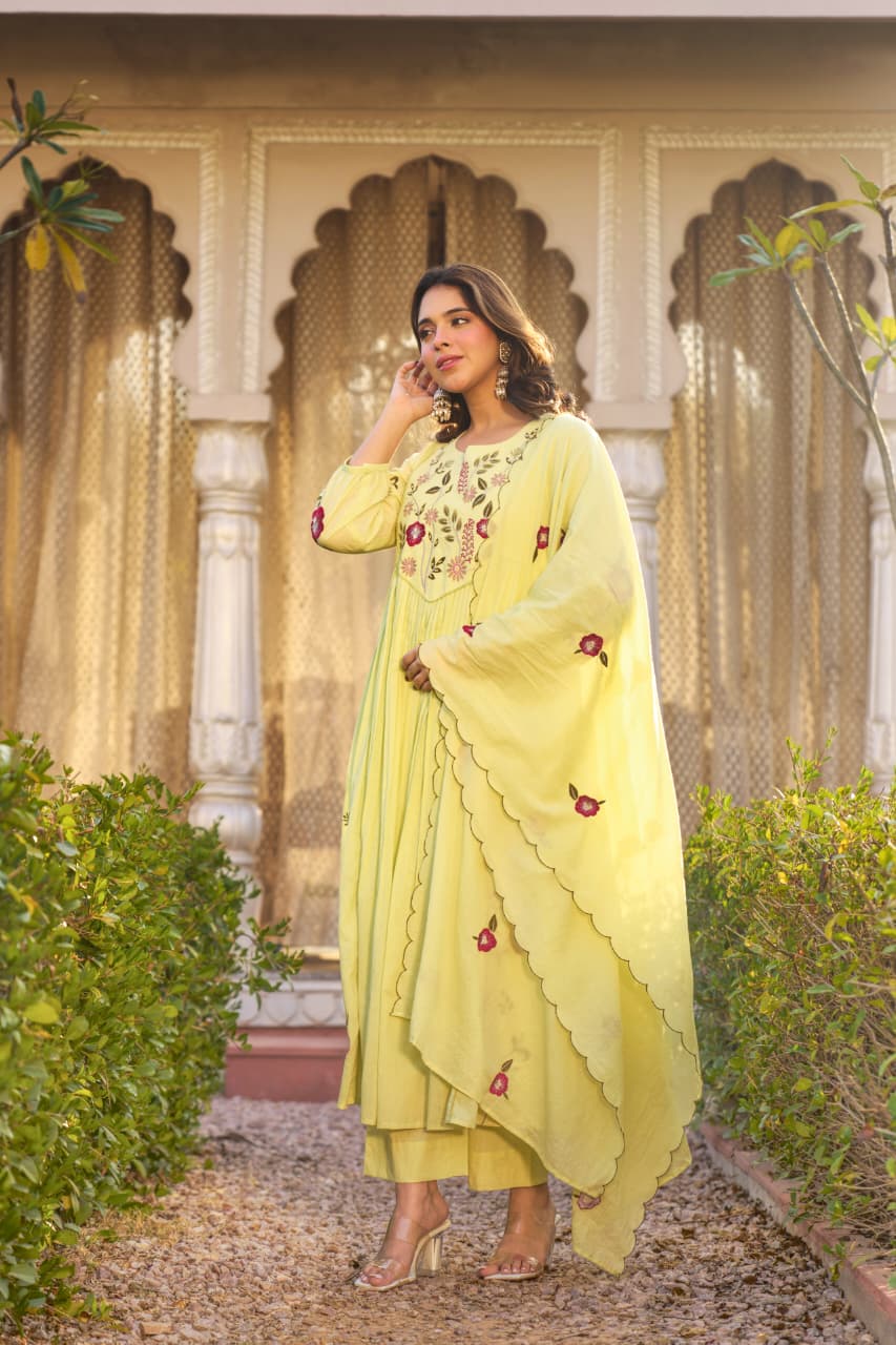 Lemon Green Embroidered Ethnic Kurta Set with Pants and Dupatta for Women