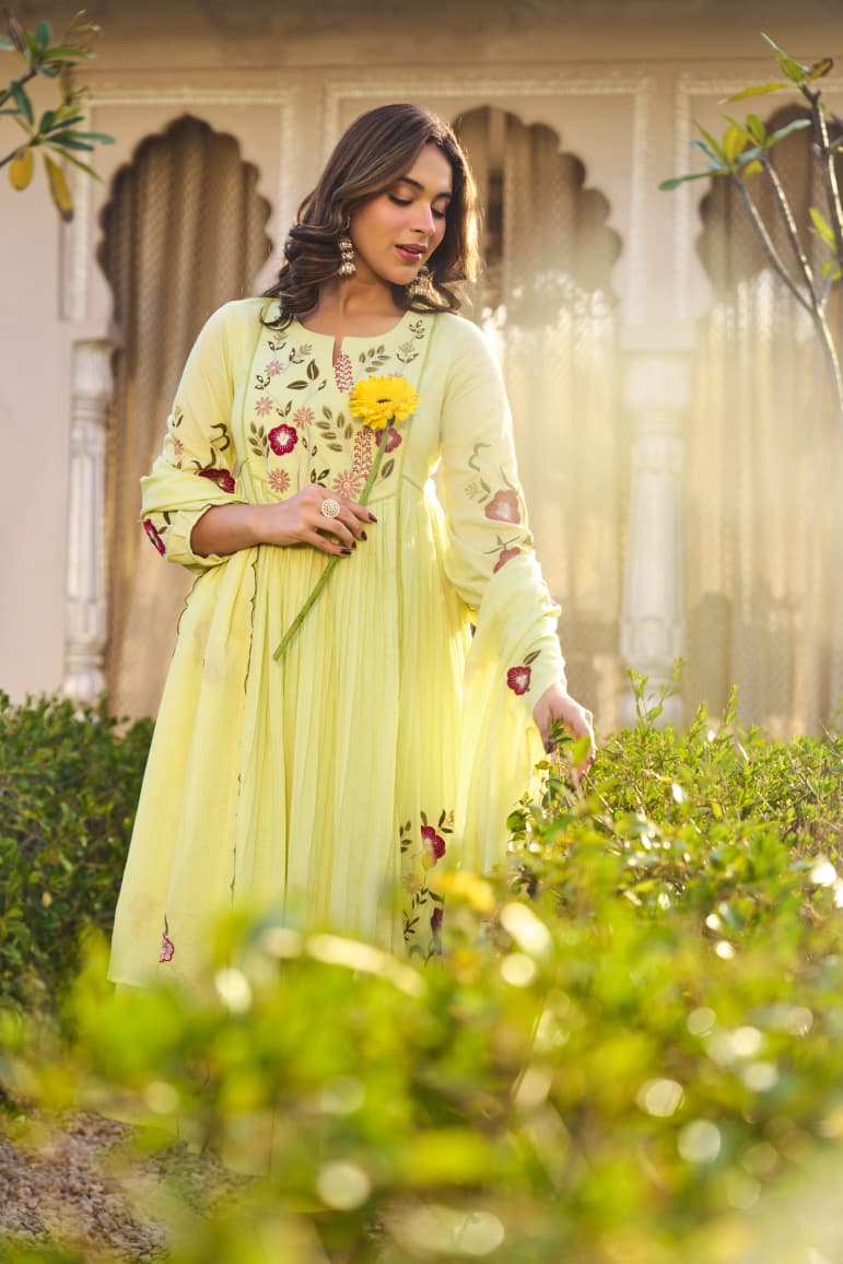 Lemon Green Embroidered Ethnic Kurta Set with Pants and Dupatta for Women