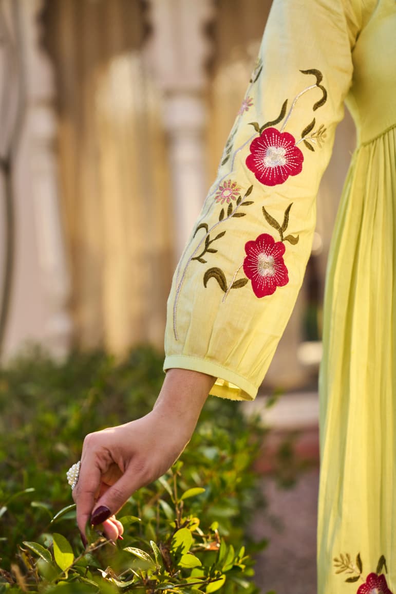 Lemon Green Embroidered Ethnic Kurta Set with Pants and Dupatta for Women