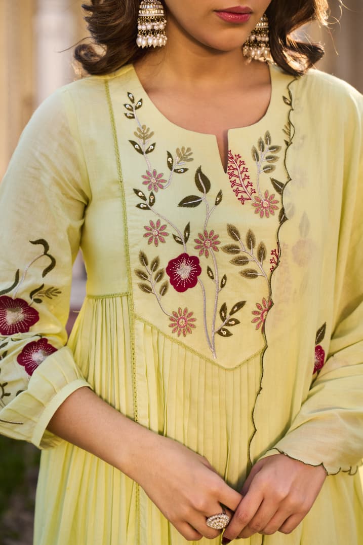 Lemon Green Embroidered Ethnic Kurta Set with Pants and Dupatta for Women