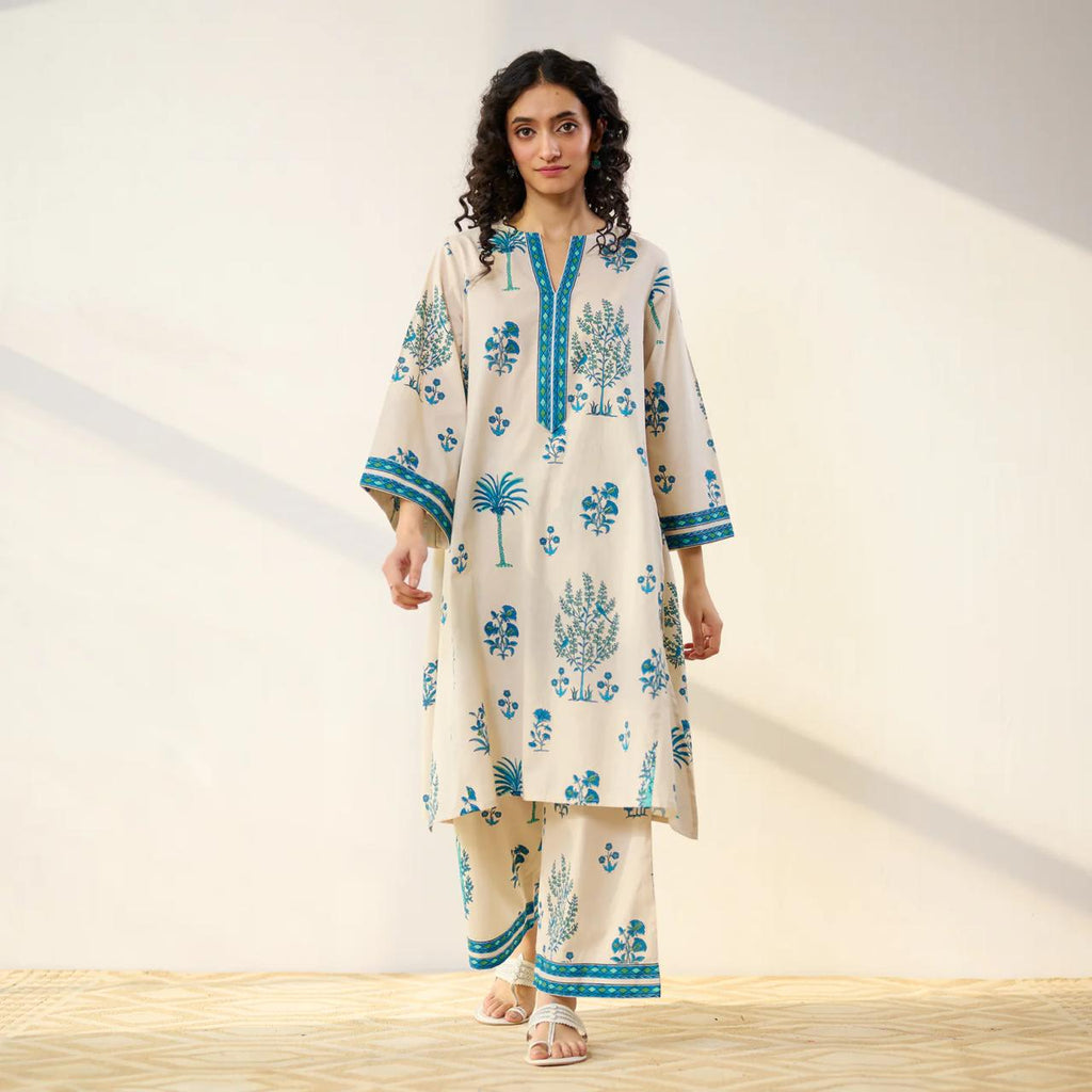 Beige & Blue Floral Printed Kurta Set with Palazzo Pants for Women