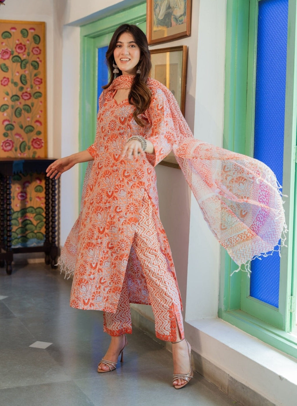 Peach Printed Straight Kurta Set with Pants & Dupatta | Casual Ethnic Wear