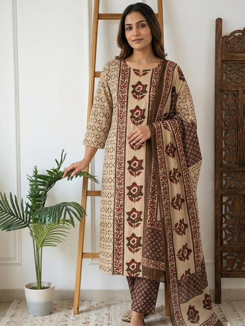 Beige Printed Kurta Pant Dupatta Set