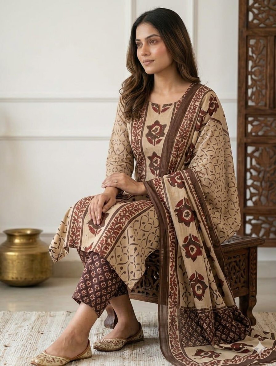 Beige Printed Kurta Pant Dupatta Set