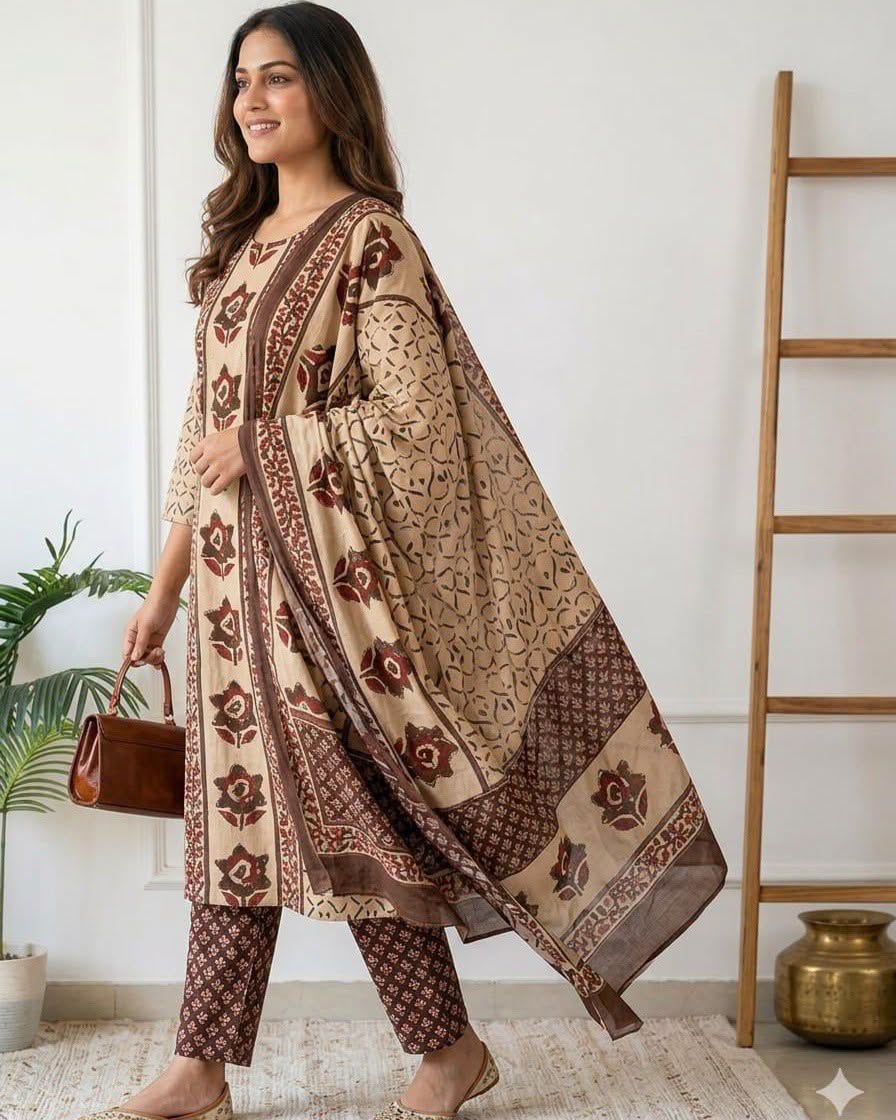 Beige Printed Kurta Pant Dupatta Set