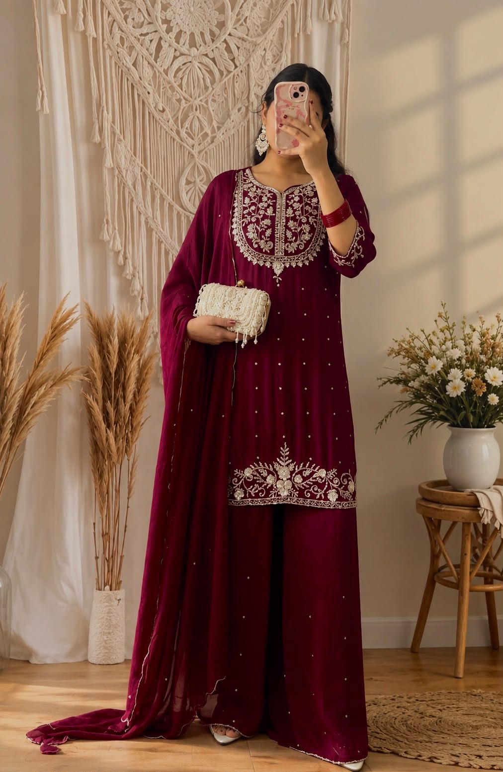 Wine Embroidered Kurta Set for Women with Palazzo Pants & Dupatta | Elegant Festive & Party Wear
