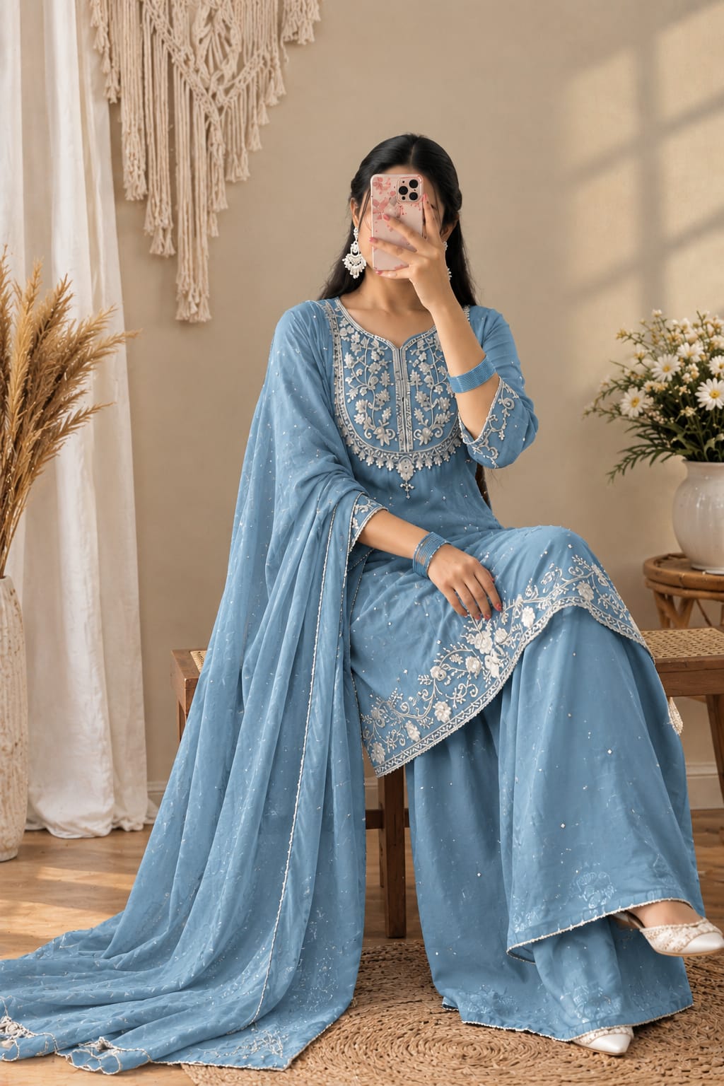 Pastel Blue Embroidered Kurta Set for Women with Palazzo Pants & Dupatta | Elegant Festive & Party Wear