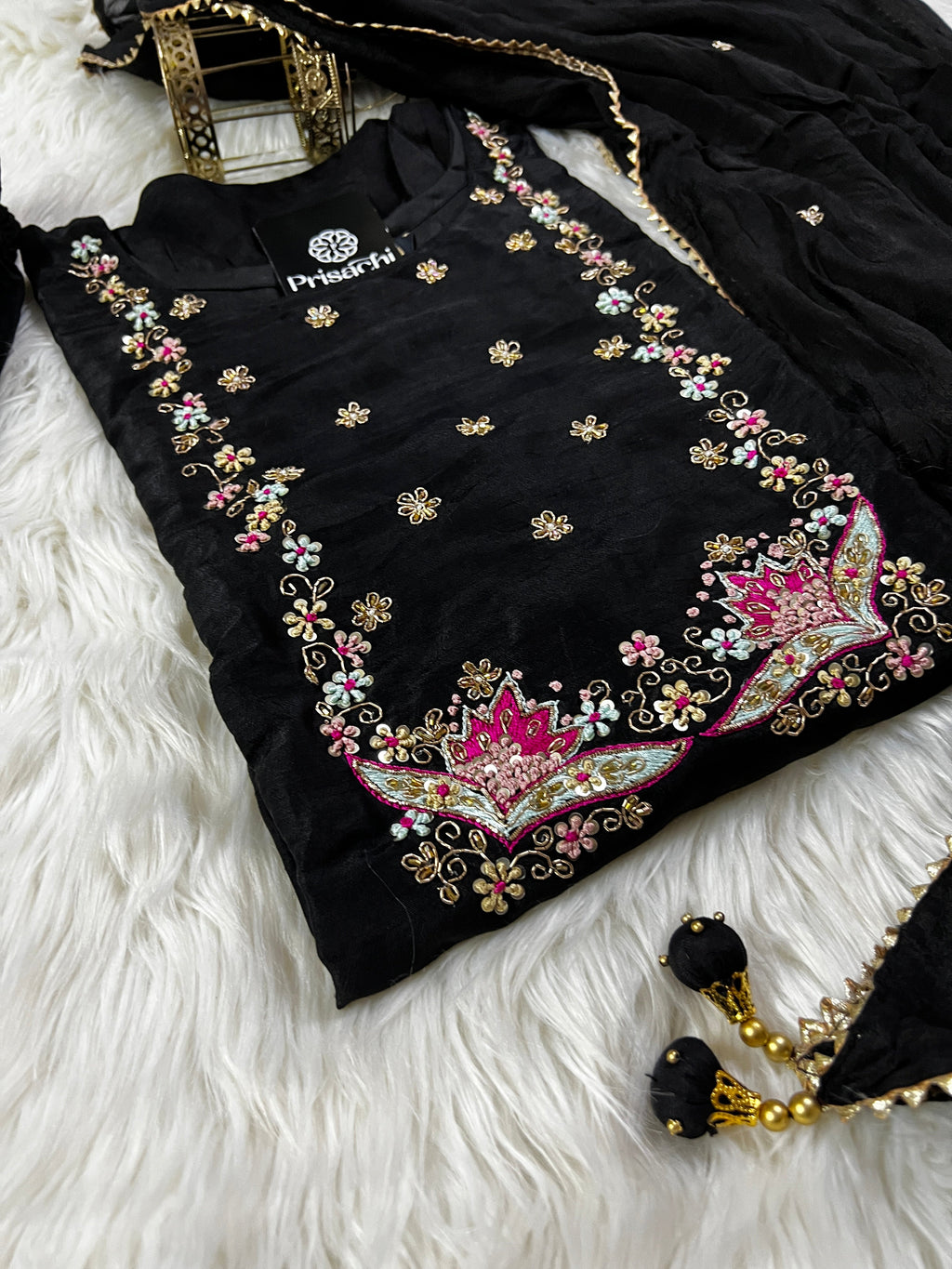 Wine embroidered chanderi silk kurta set with dupatta