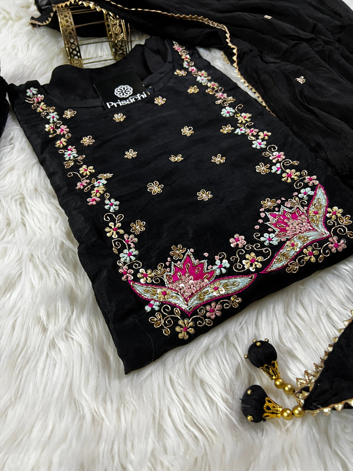Black embroidered cotton silk kurta set with dupatta