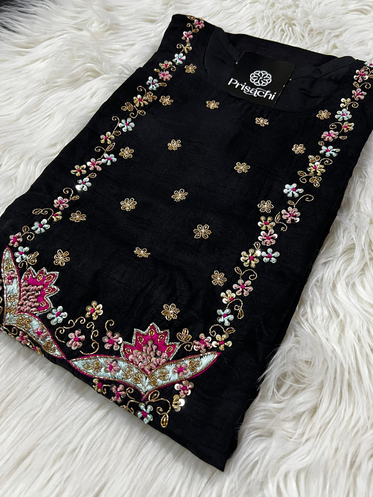 Black embroidered cotton silk kurta set with dupatta