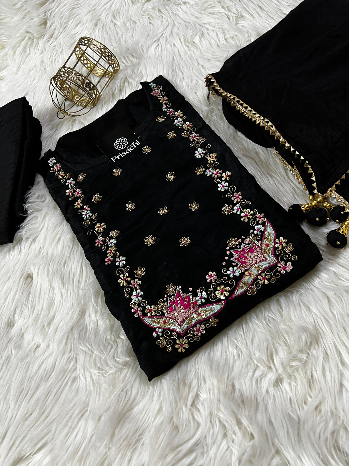 Black embroidered cotton silk kurta set with dupatta