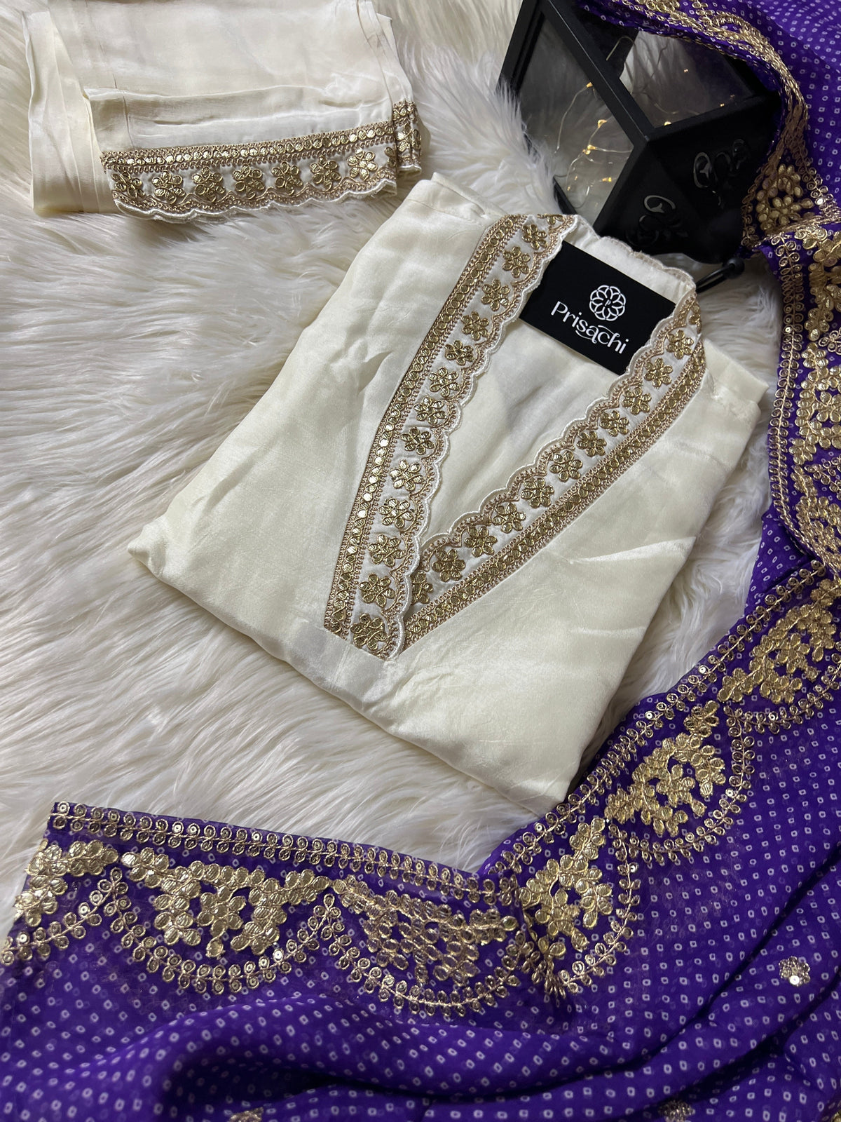 White Lilac silk kurta set with dupatta