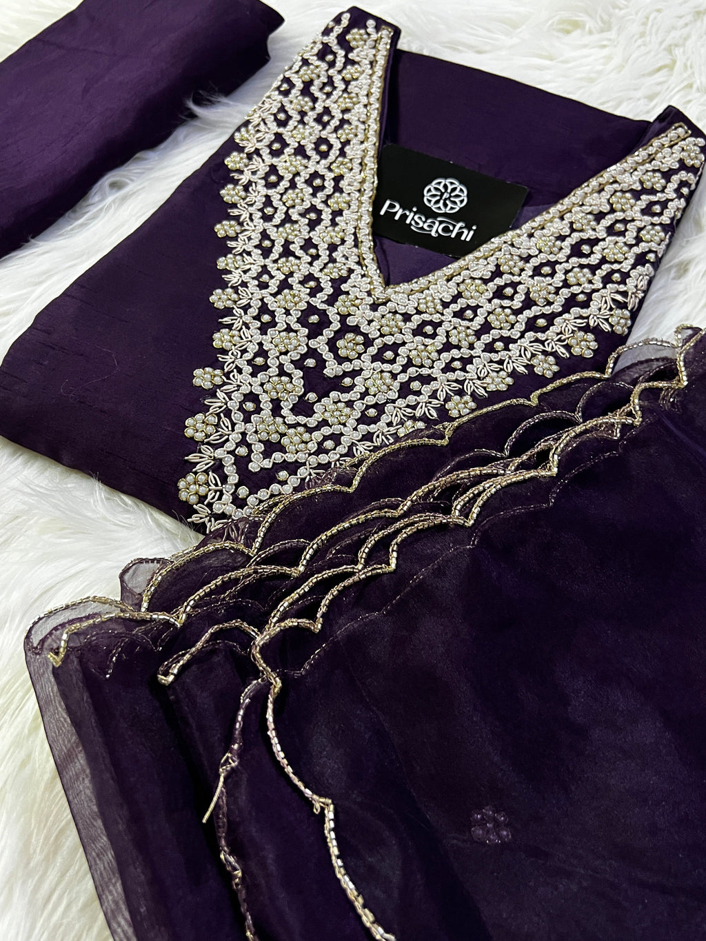 Purple neck embroidered kurta set with dupatta
