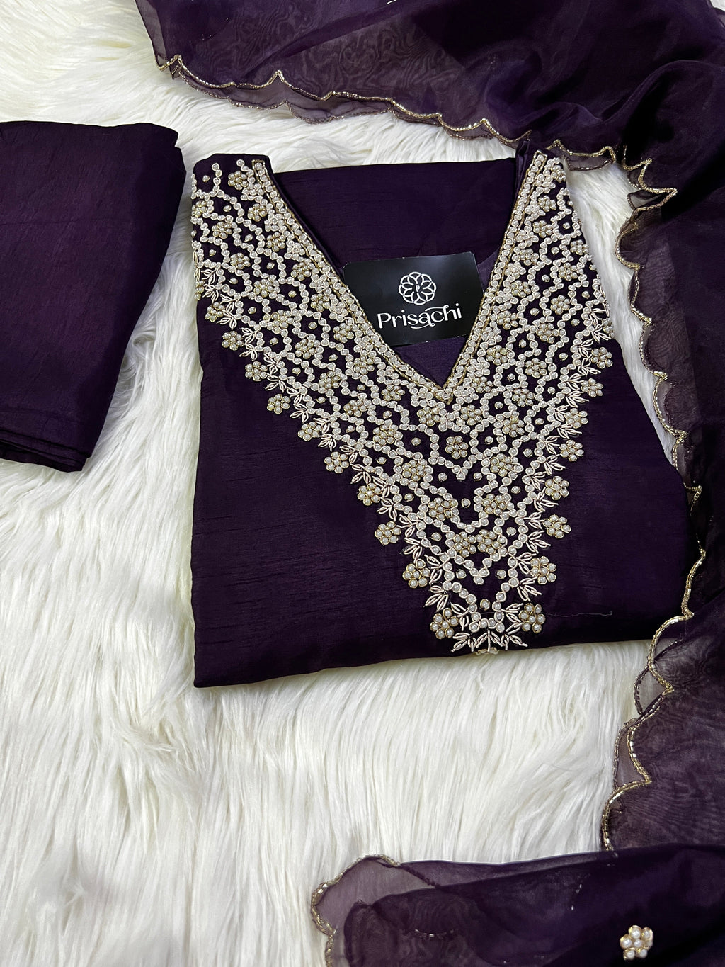 Purple neck embroidered kurta set with dupatta