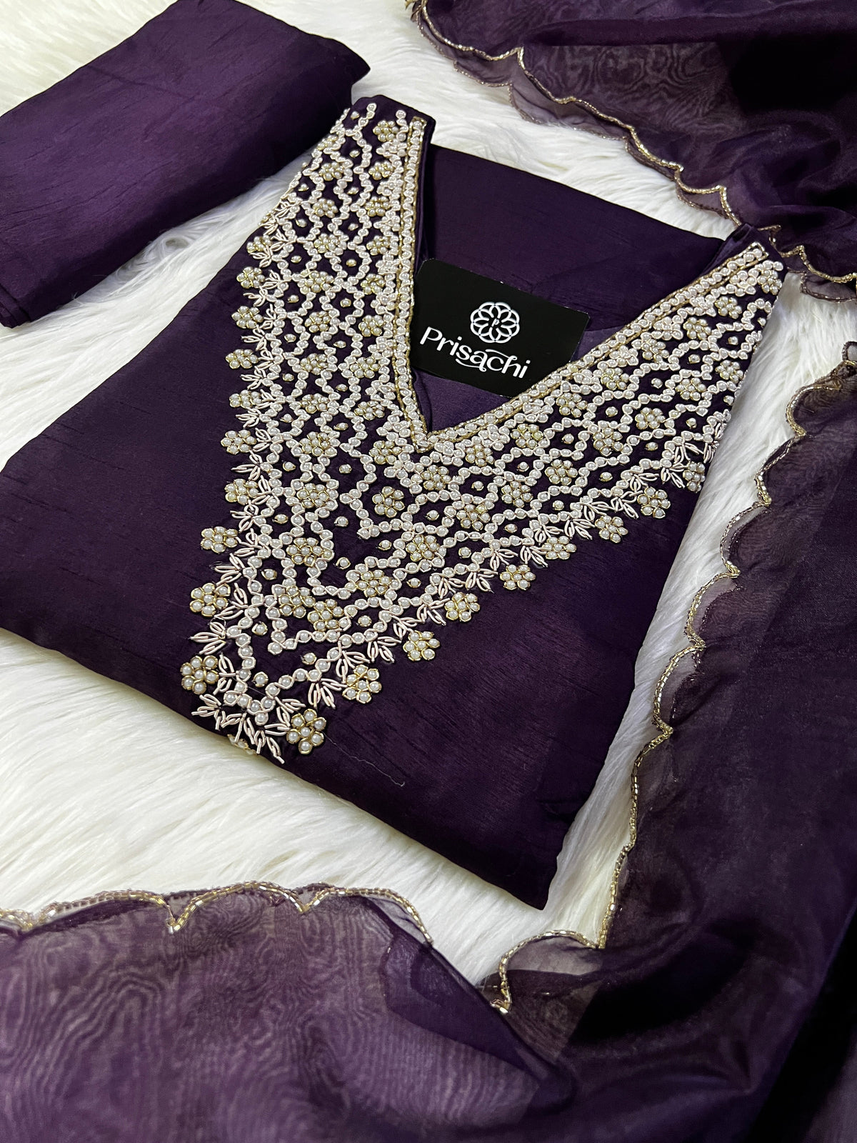 Purple neck embroidered kurta set with dupatta
