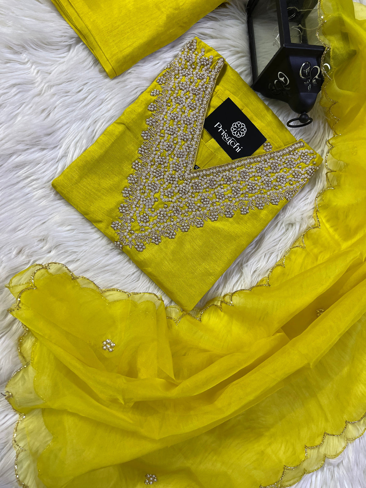 Yellow neck embroidered kurta set with dupatta
