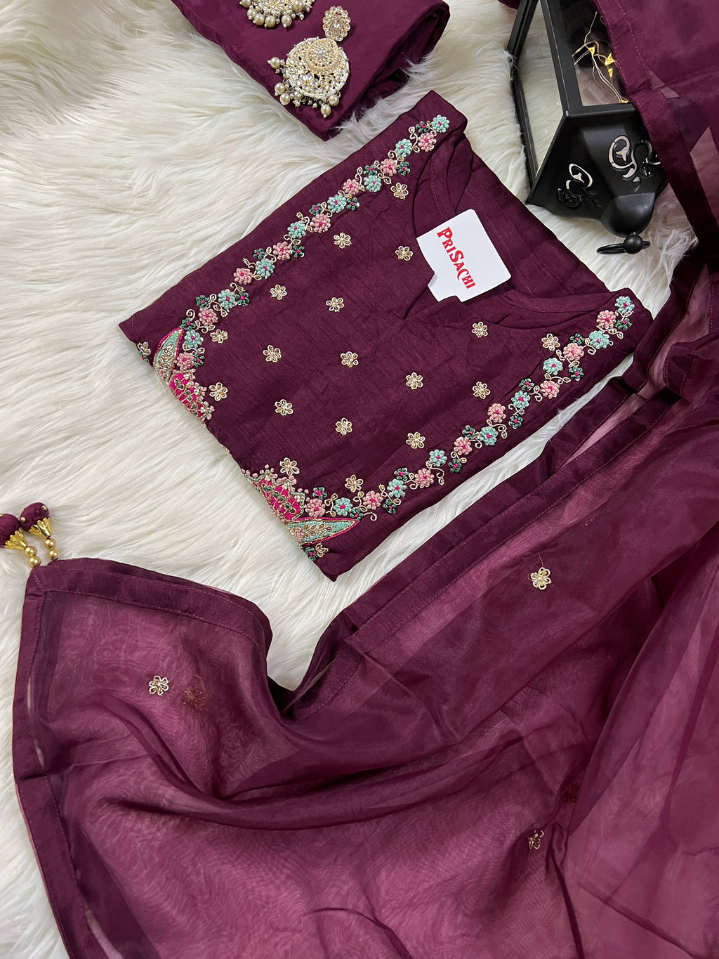 Wine embroidered chanderi silk kurta set with dupatta