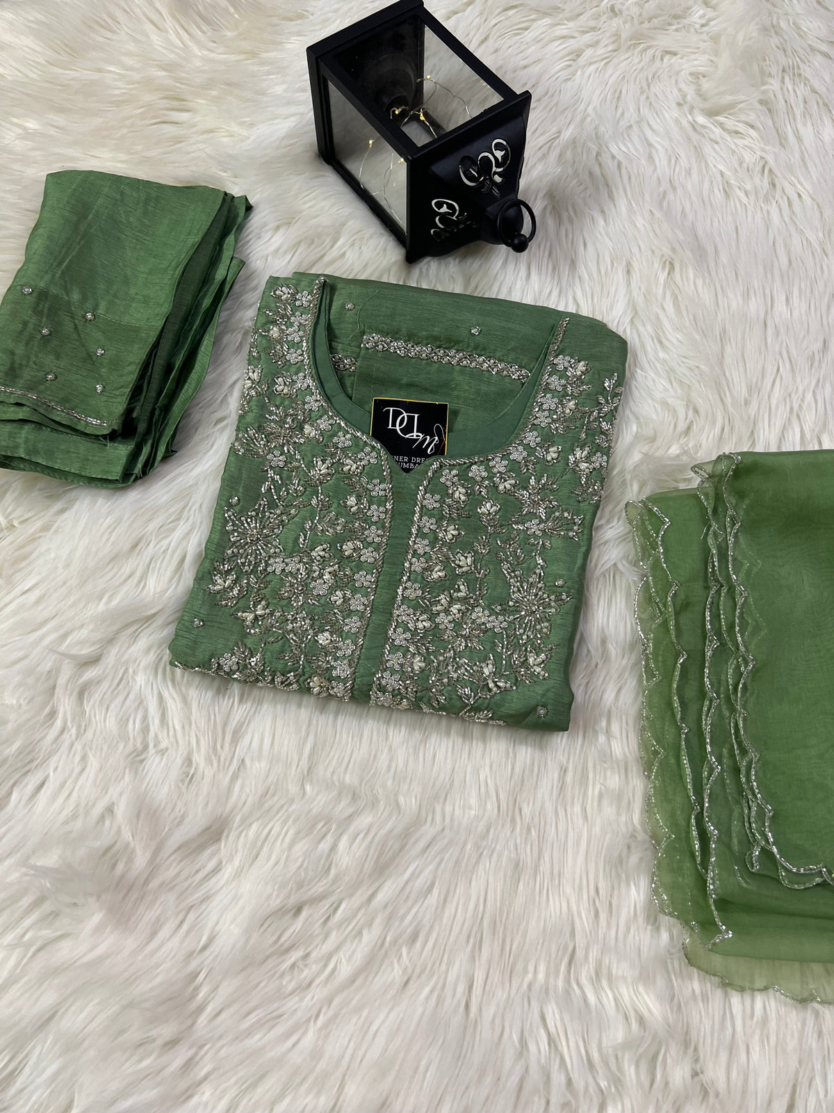 Maslin Designer Embroidery with Zardosi Green