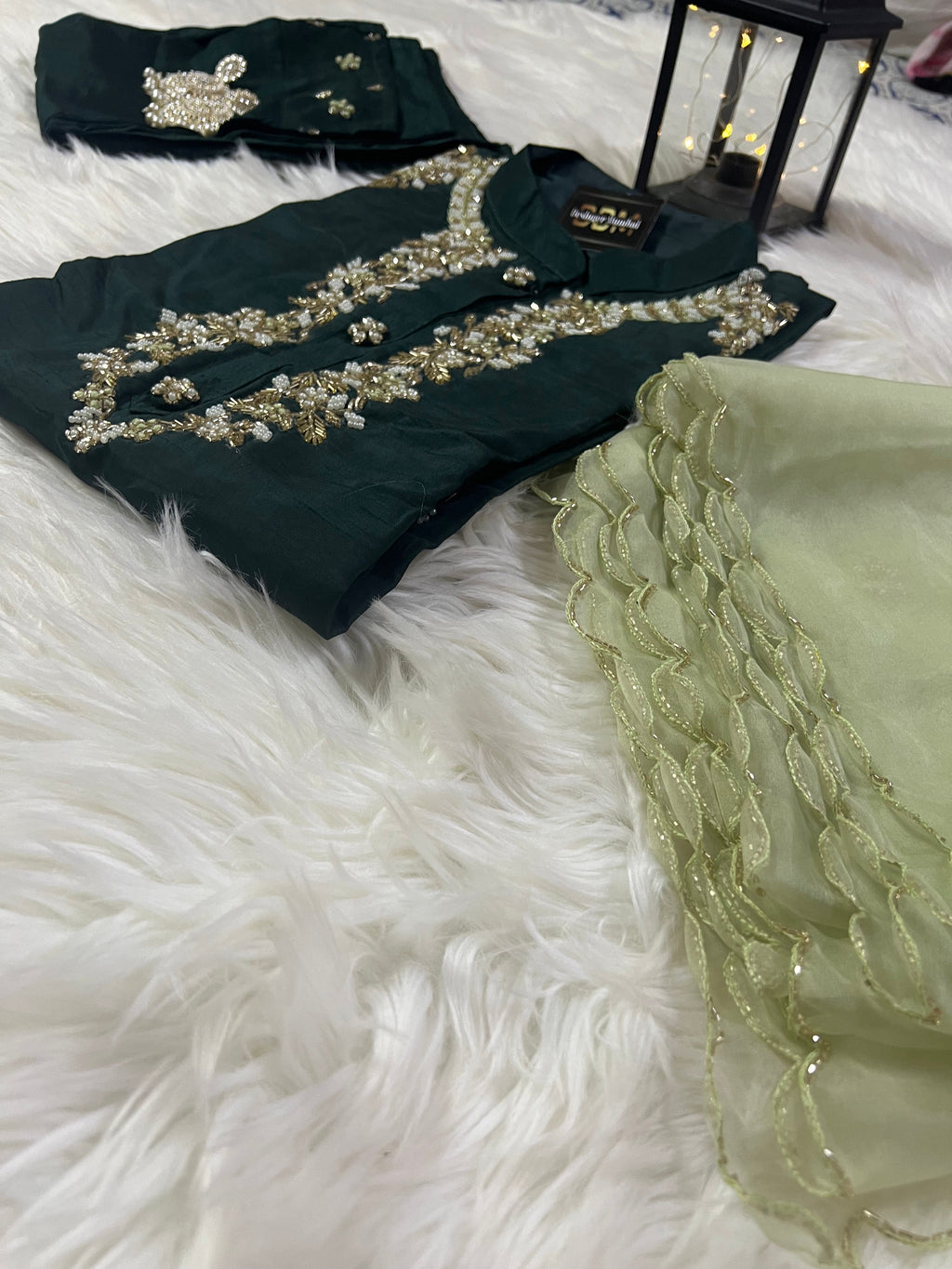Green Musline Kurti Pant with Organza Dupttaa set