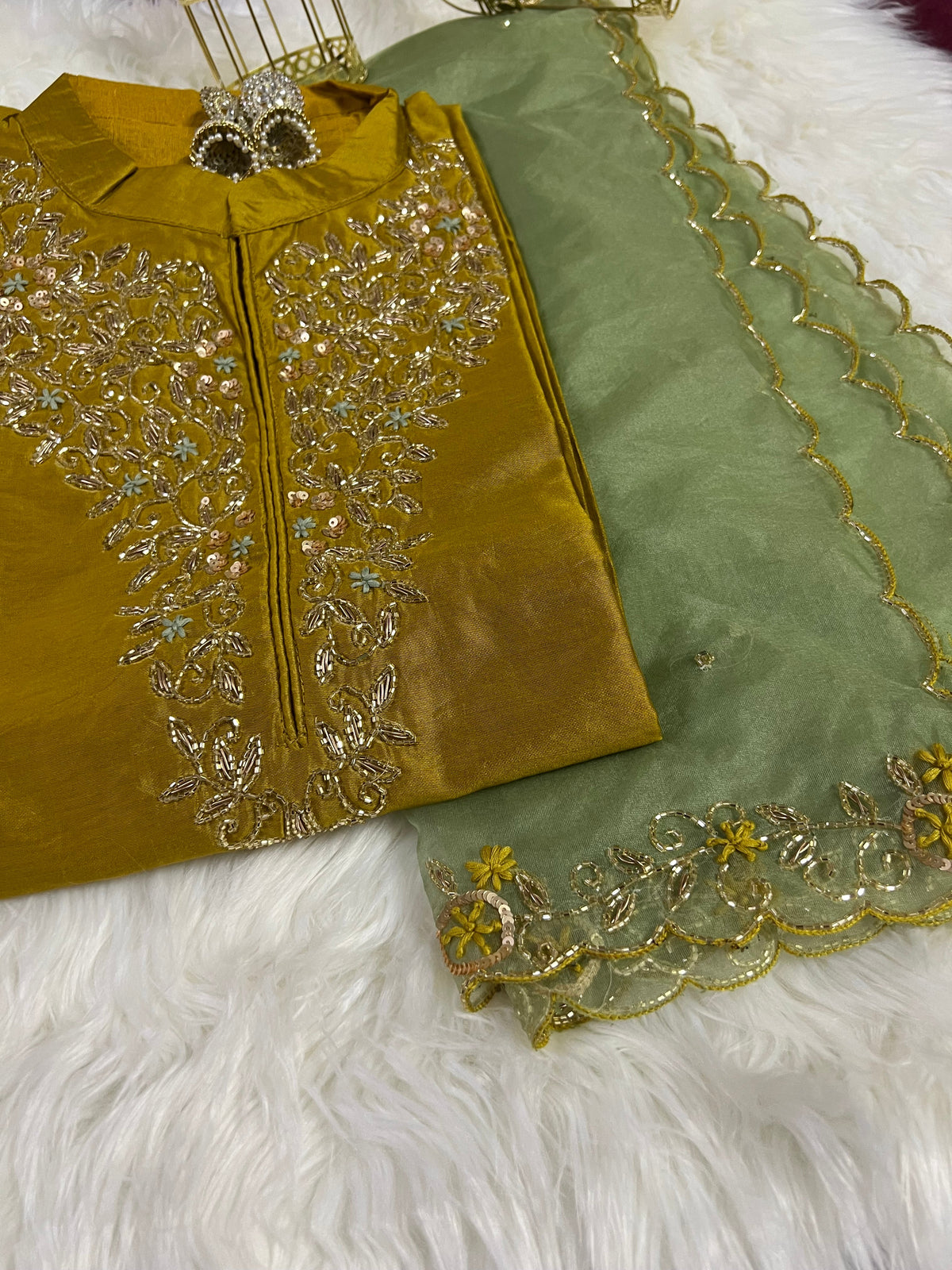 yellow embroidered kurta pant with dupatta