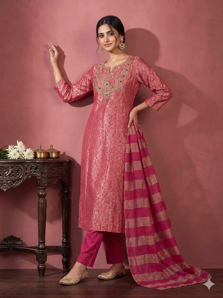 Deep Pink Embroidered A-line Kurta Pant Set with a Zari Dupatta for Women .