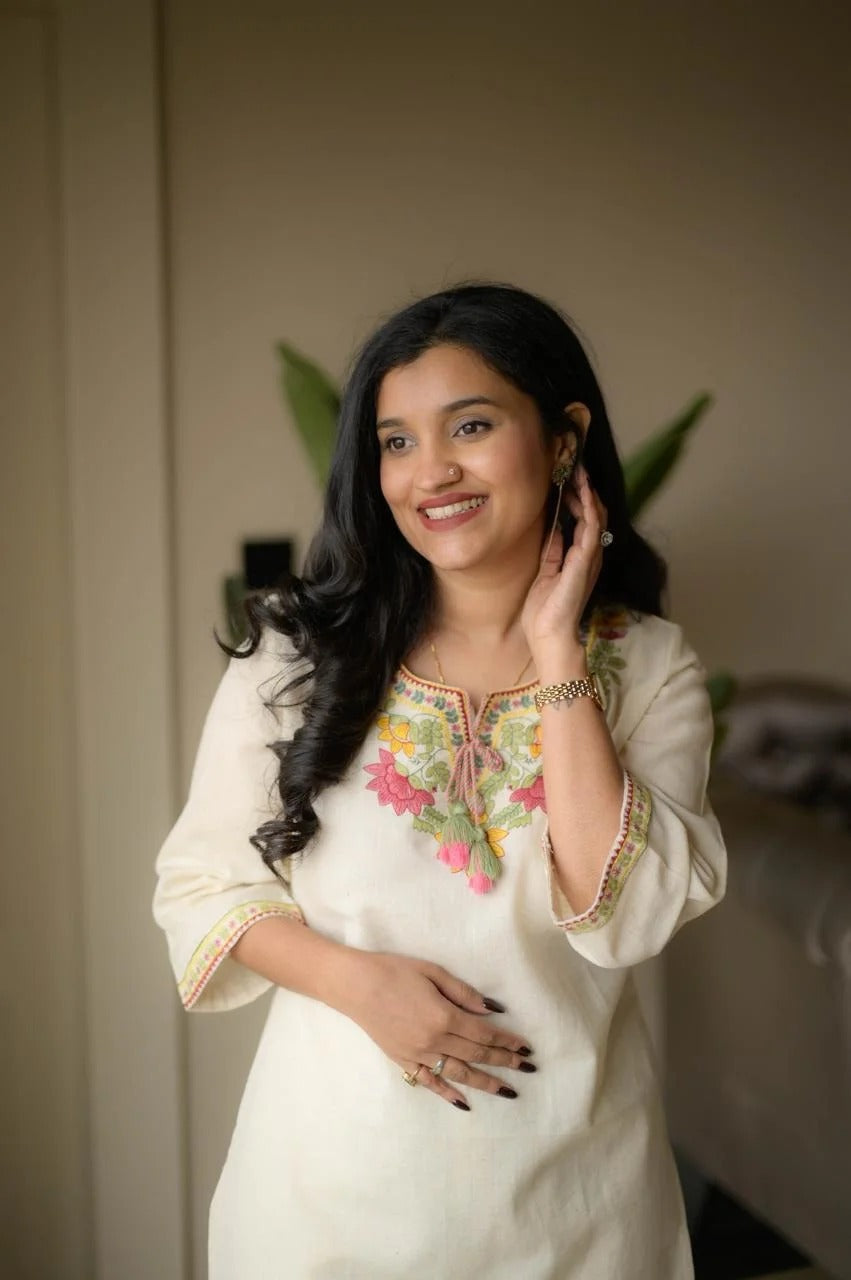 Beige Embroidery Cotton Co Ord Set