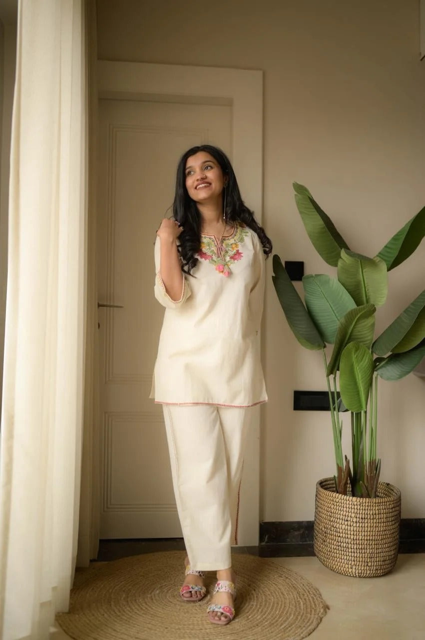 Beige Embroidery Cotton Co Ord Set