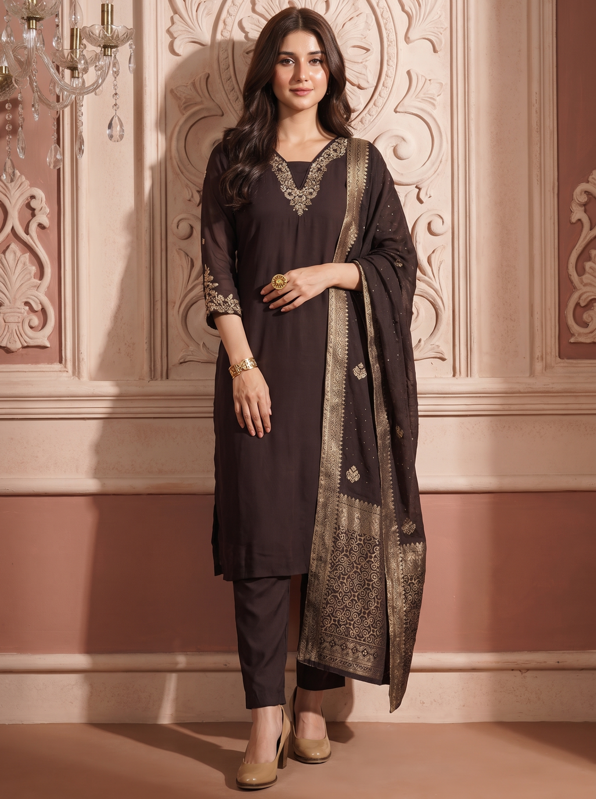 Brown Zardozi Embroidered Kurta Set with Banarasi Dupatta & Pants |Festive Ethnic Suit