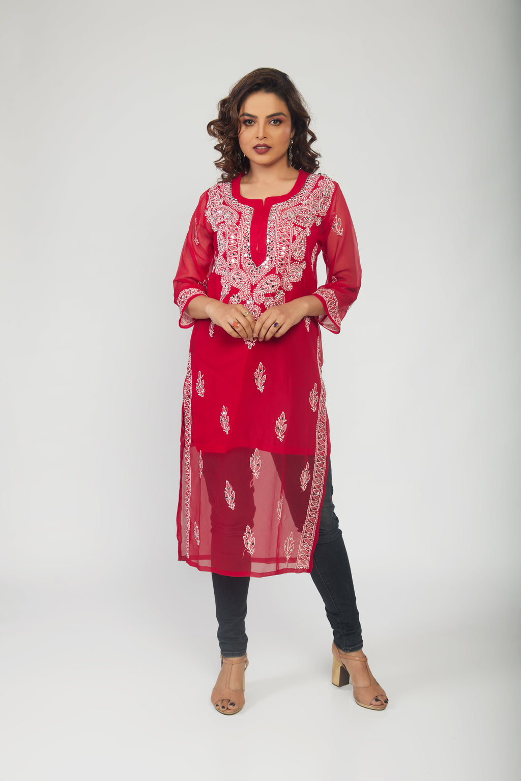 Red Georgette mirror work kurti with chikankari work