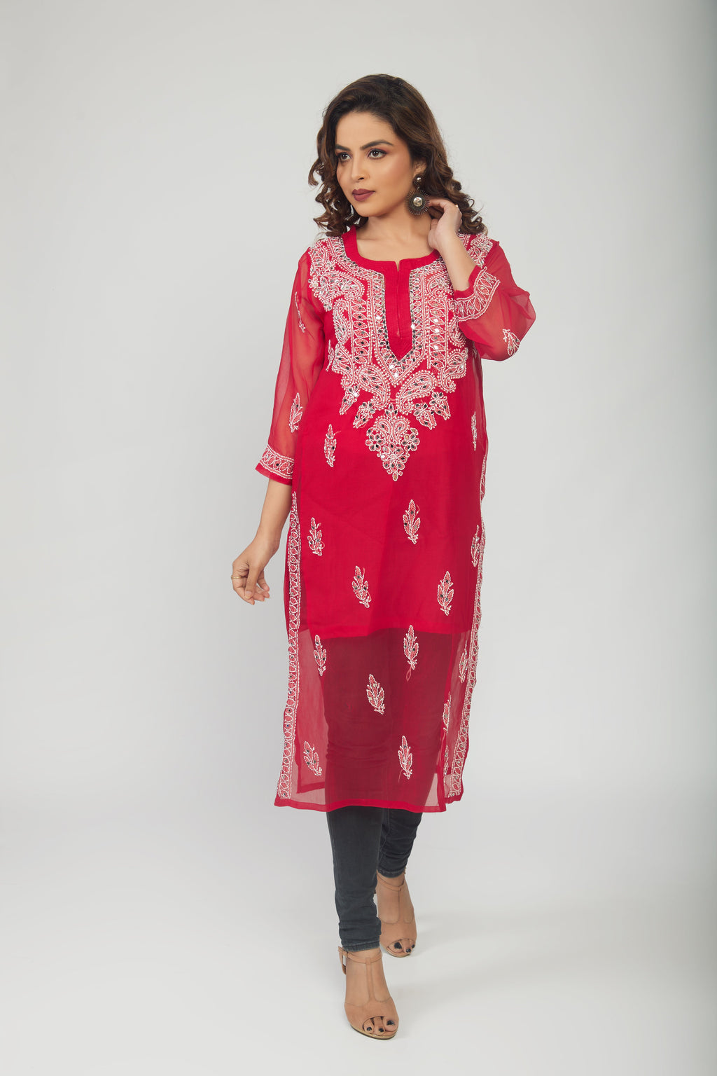 Red Georgette mirror work kurti with chikankari work