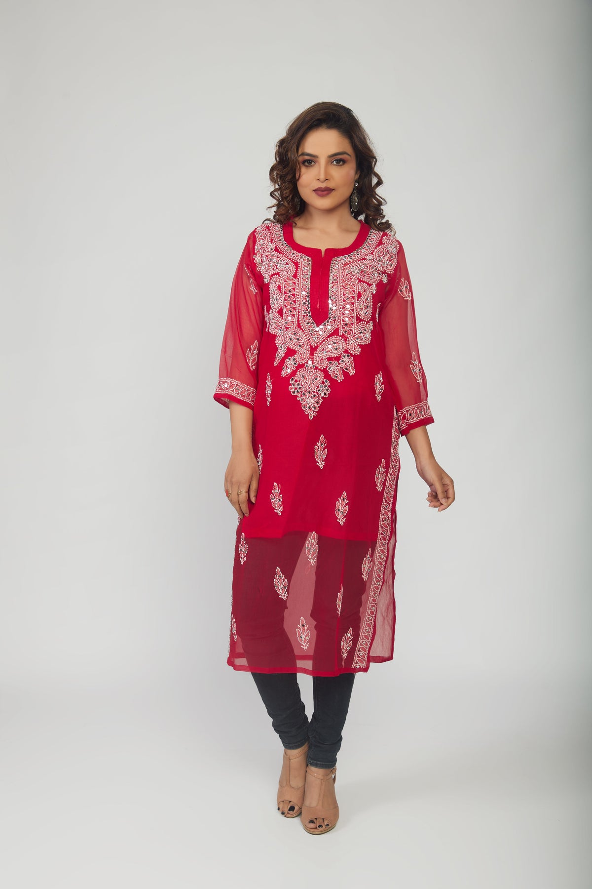 Red Georgette mirror work kurti with chikankari work