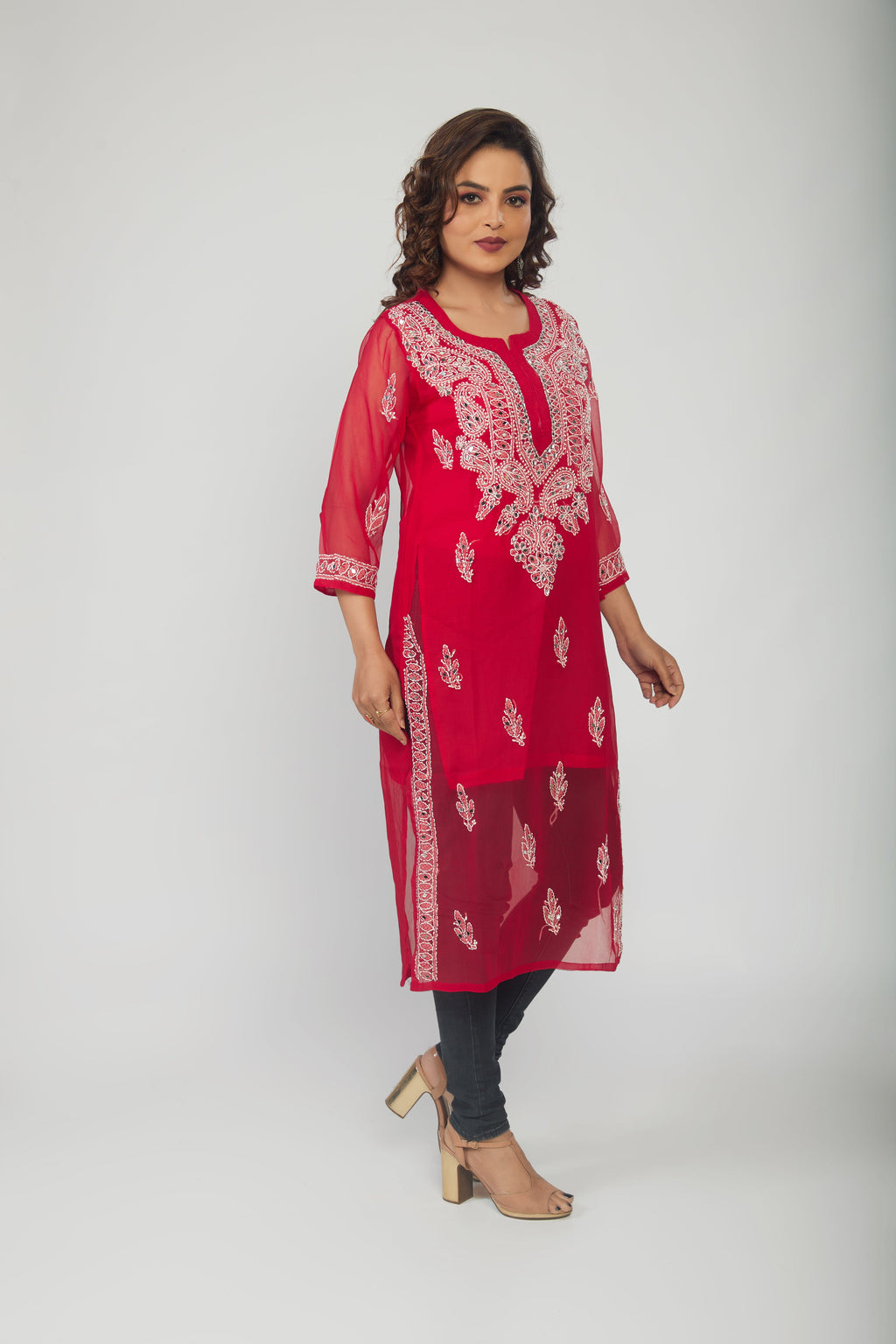 Red Georgette mirror work kurti with chikankari work