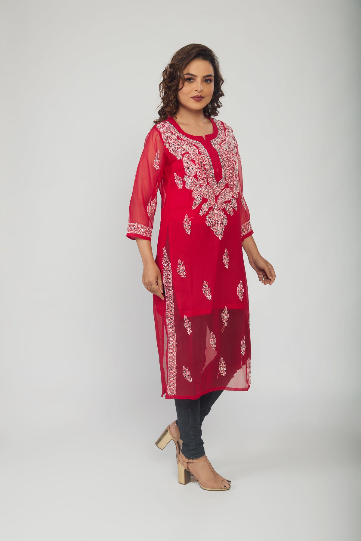 Red Georgette mirror work kurti with chikankari work