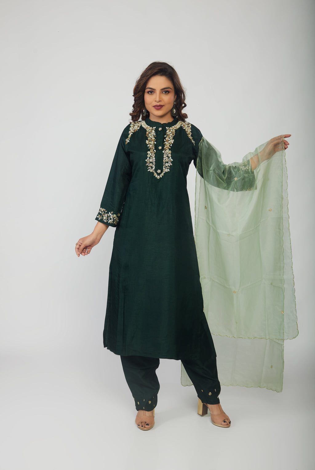 Green Musline Kurti Pant with Organza Dupttaa