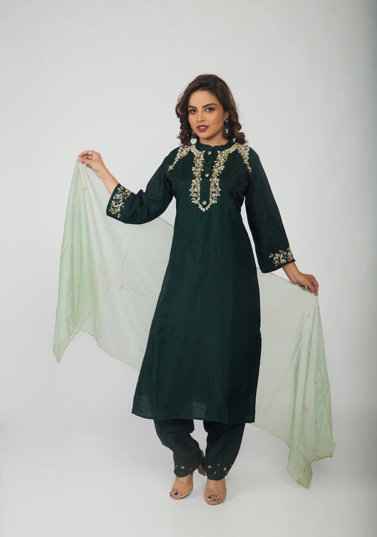 Green Musline Kurti Pant with Organza Dupttaa