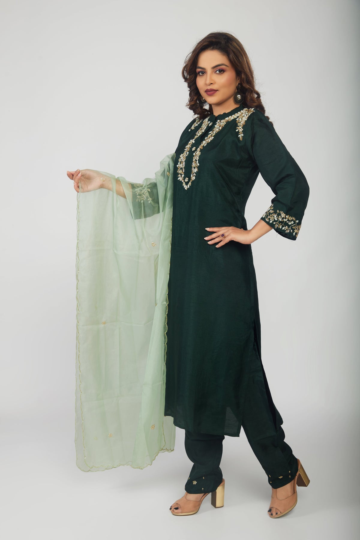 Green Musline Kurti Pant with Organza Dupttaa