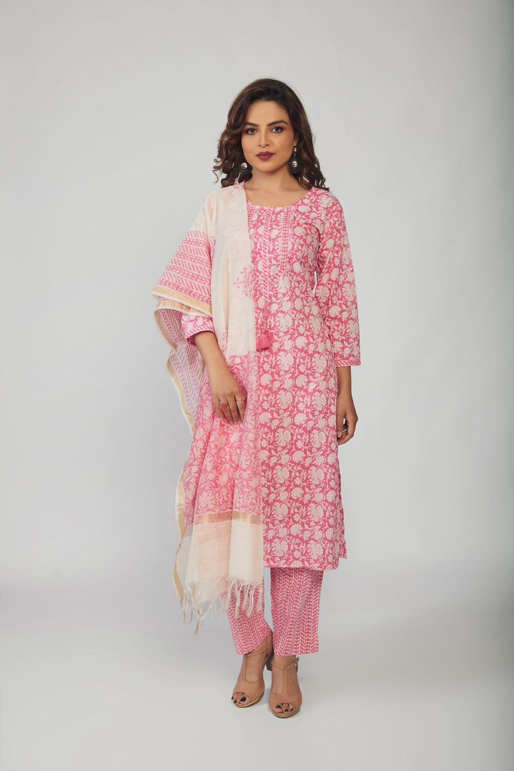 Pink Cotton Kurti pant with White dupttaa