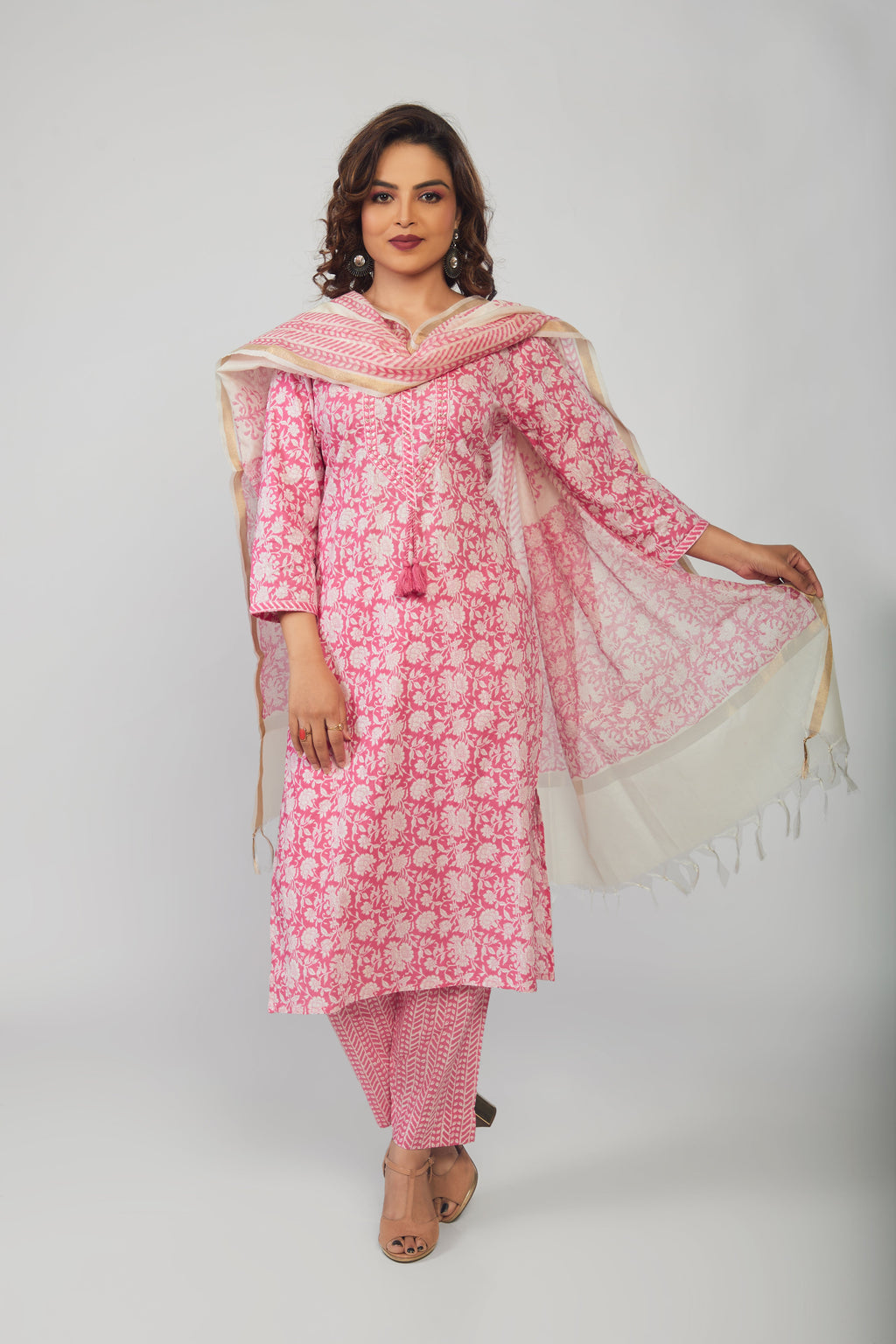 Pink Cotton Kurti pant with White dupttaa