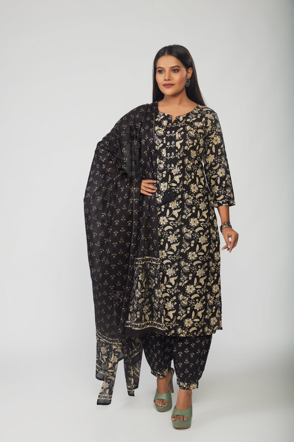 Floral Printed Cotton Kurta With Pants & Dupatta