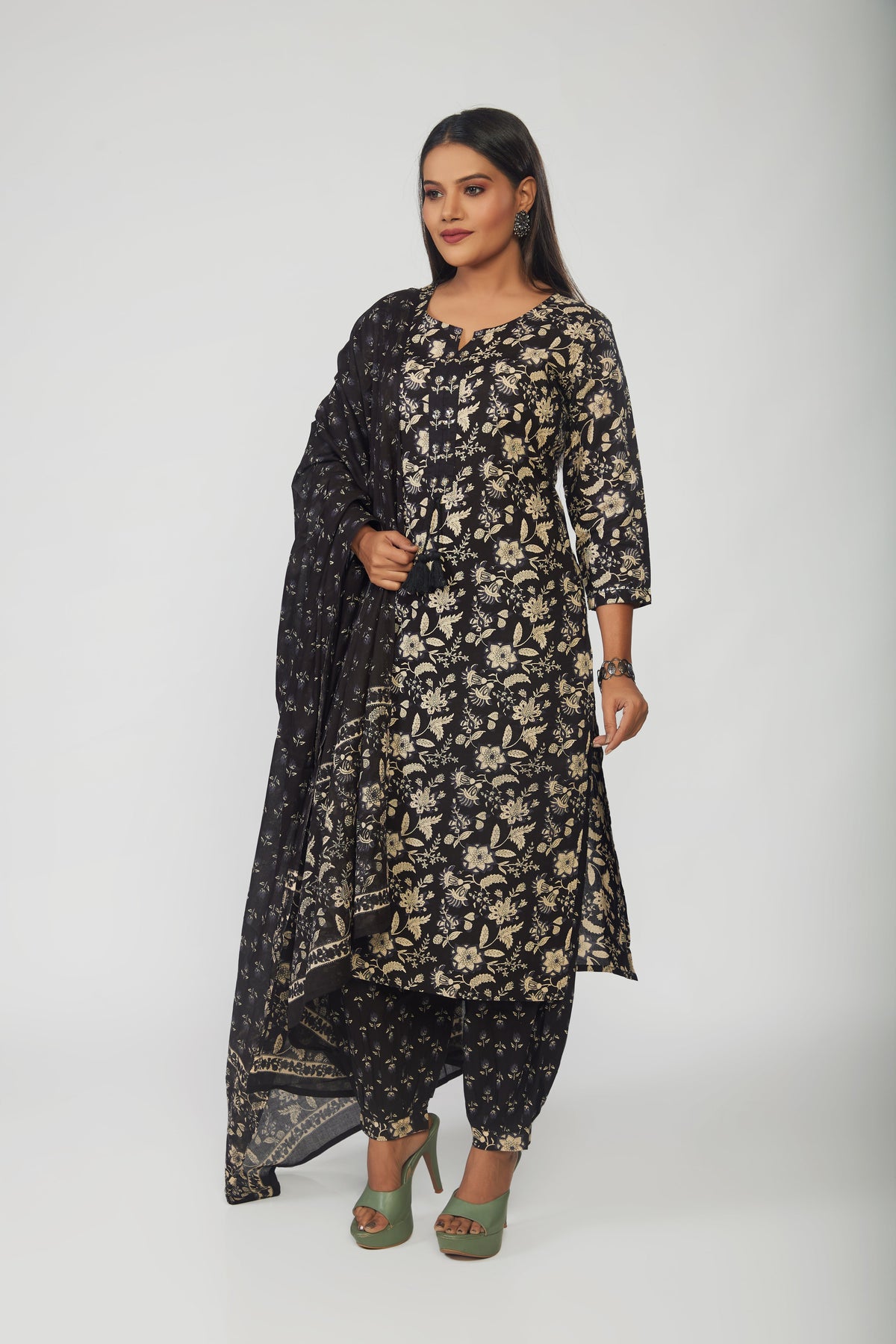 Floral Printed Cotton Kurta With Pants & Dupatta