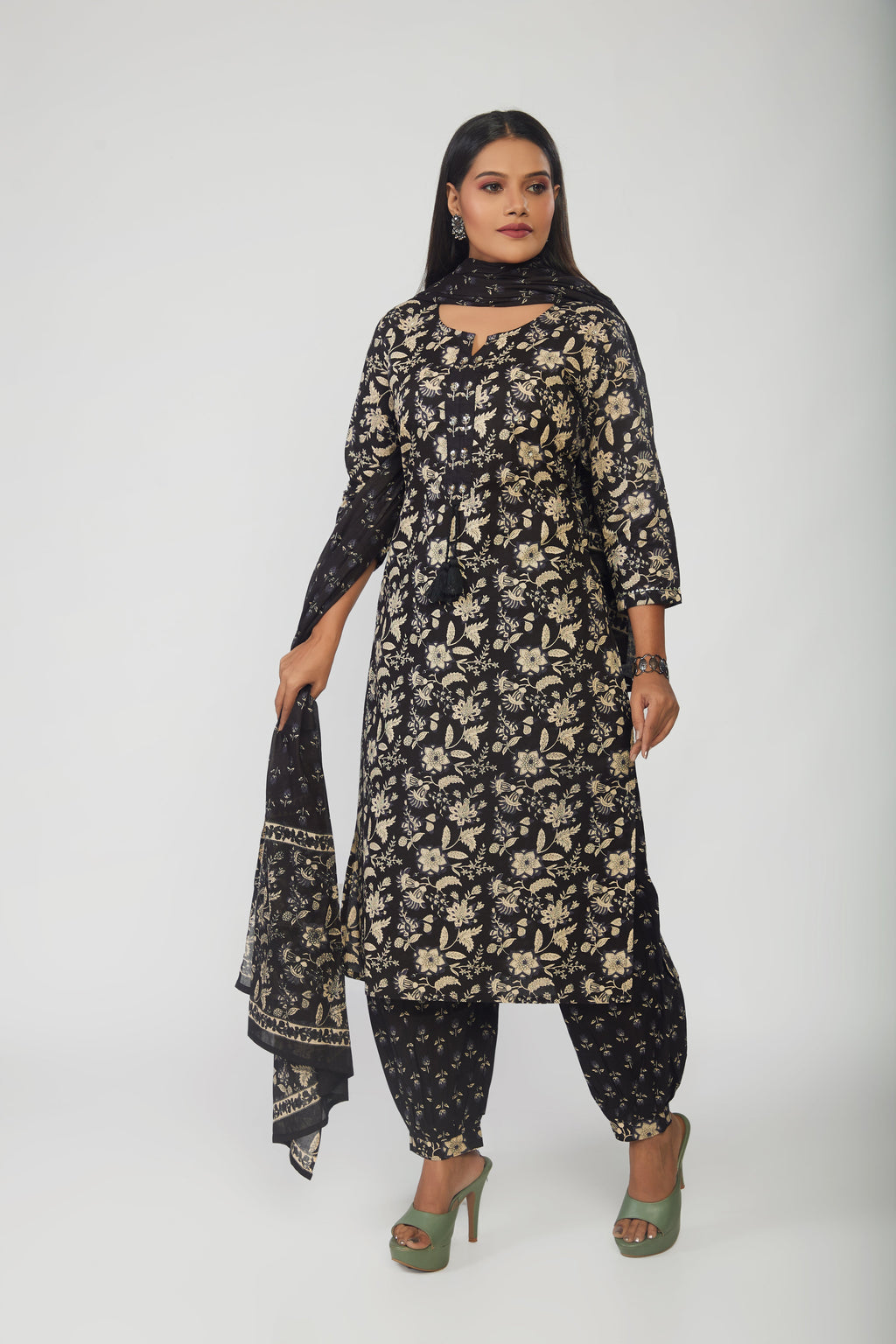 Floral Printed Cotton Kurta With Pants & Dupatta