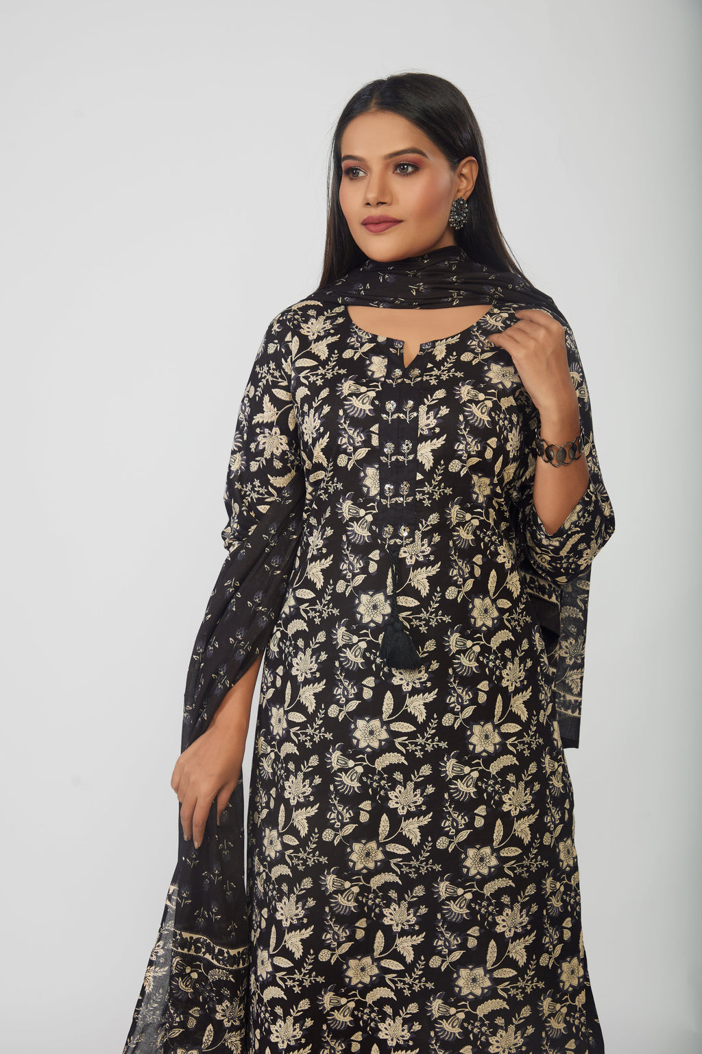 Floral Printed Cotton Kurta With Pants & Dupatta